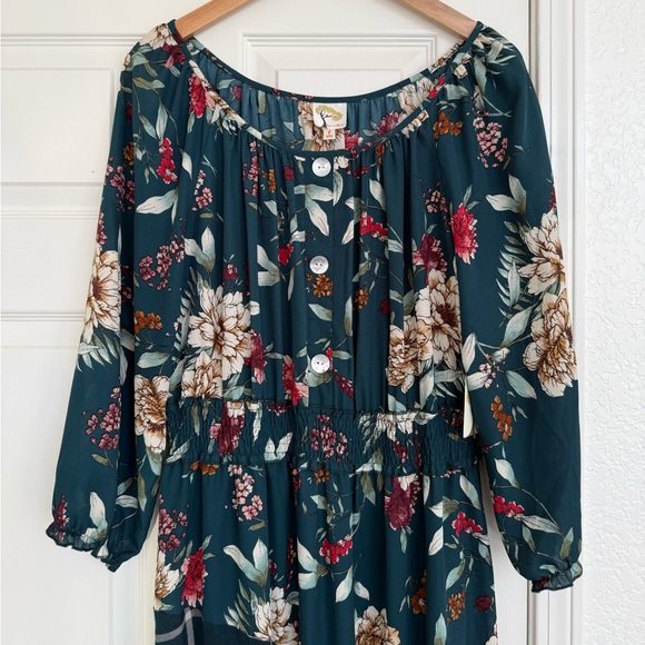 Anthropologie Fig & Flower Floral Plaid Forest Green Midi Dress Large NWT - Picture 4 of 9